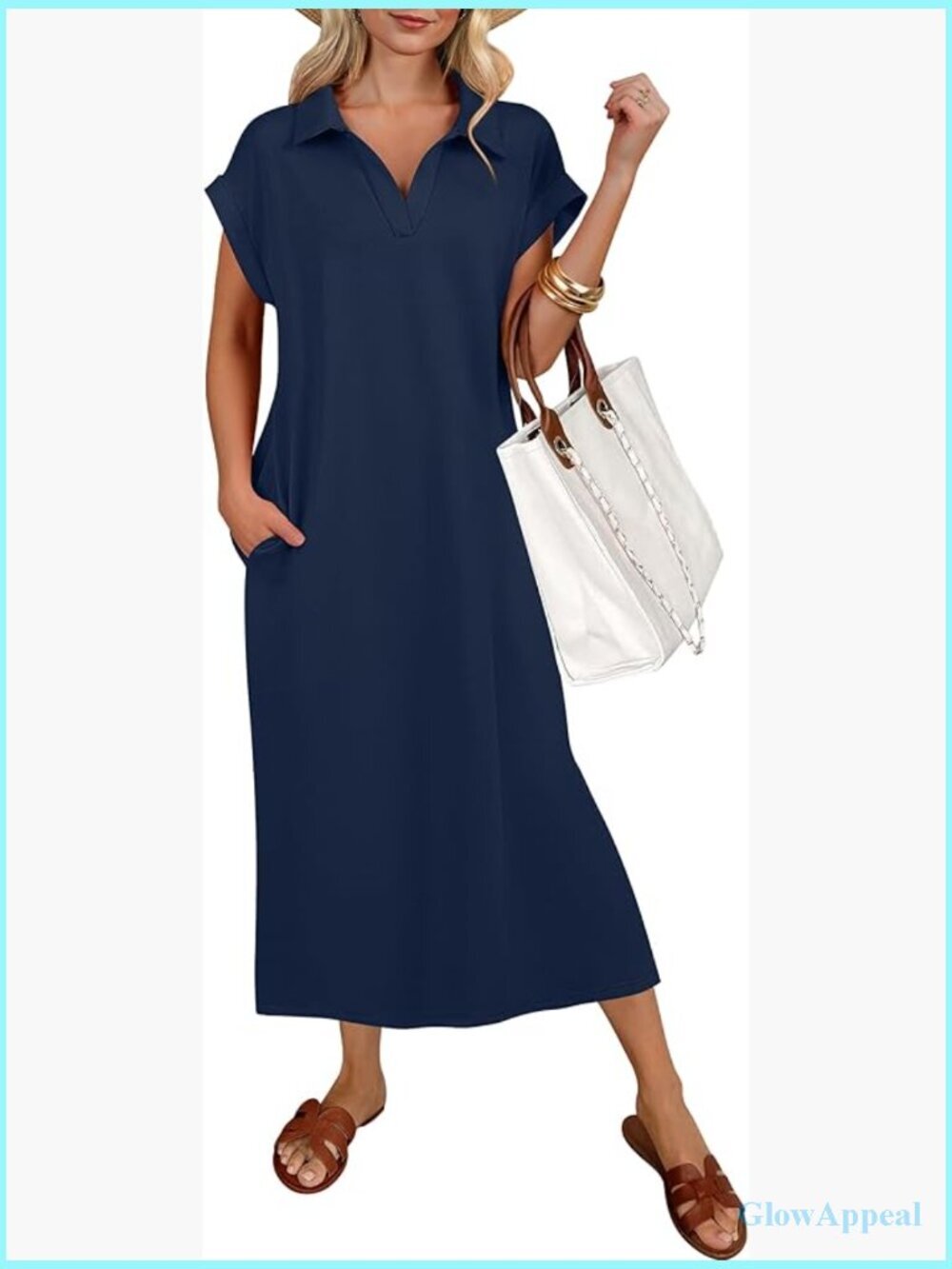 V Neck Shift Midi Dress with Pockets Short Sleeve